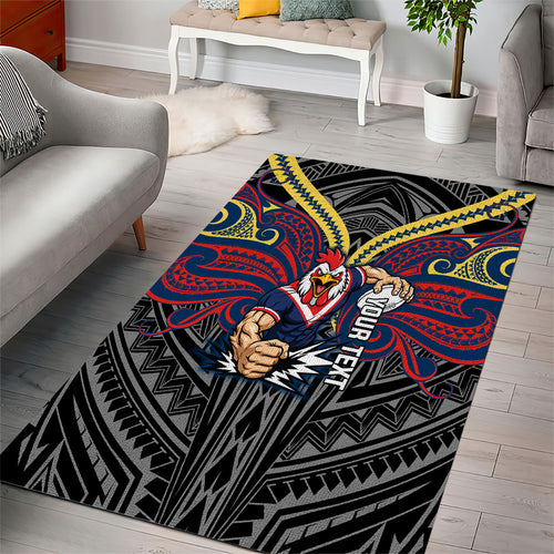 Custom Sydney Roosters Area Rug Roosters Warrior Polynesia Islander Rugby Mascot