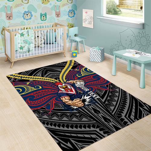 Custom Sydney Roosters Area Rug Roosters Warrior Polynesia Islander Rugby Mascot