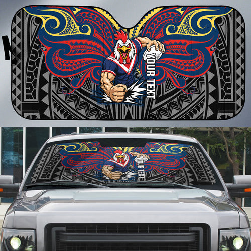 Custom Sydney Roosters Auto Sun Shade Roosters Warrior Polynesia Islander Rugby Mascot