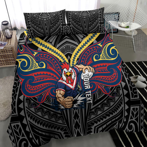 Custom Sydney Roosters Bedding Set Roosters Warrior Polynesia Islander Rugby Mascot