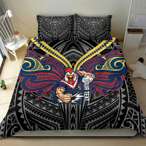 Custom Sydney Roosters Bedding Set Roosters Warrior Polynesia Islander Rugby Mascot