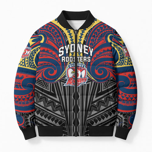 Custom Sydney Roosters Bomber Puffer Jacket Roosters Warrior Polynesia Islander Rugby Mascot