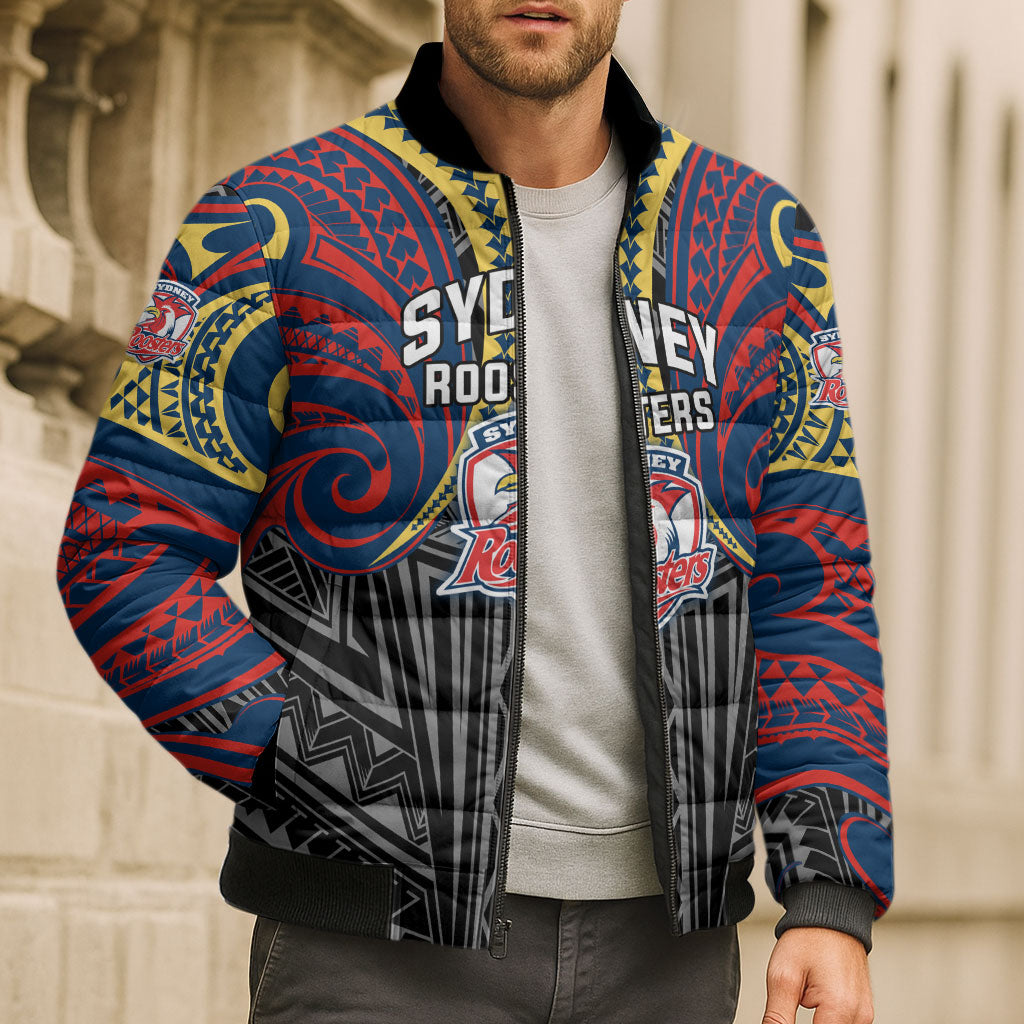 Custom Sydney Roosters Bomber Puffer Jacket Roosters Warrior Polynesia Islander Rugby Mascot