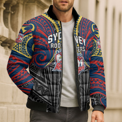Custom Sydney Roosters Bomber Puffer Jacket Roosters Warrior Polynesia Islander Rugby Mascot