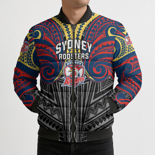 Custom Sydney Roosters Bomber Puffer Jacket Roosters Warrior Polynesia Islander Rugby Mascot
