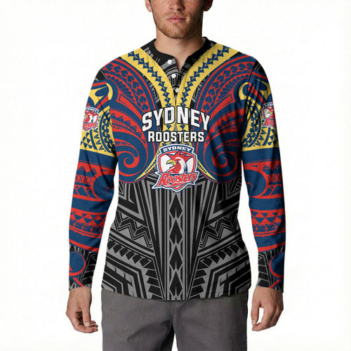 Custom Sydney Roosters Button Sweatshirt Roosters Warrior Polynesia Islander Rugby Mascot