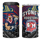 Custom Sydney Roosters 4 in 1 Can Cooler Tumbler Roosters Warrior Polynesia Islander Rugby Mascot