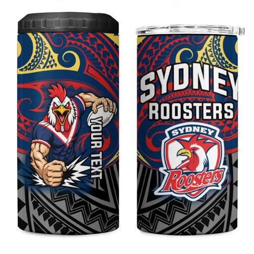 Custom Sydney Roosters 4 in 1 Can Cooler Tumbler Roosters Warrior Polynesia Islander Rugby Mascot