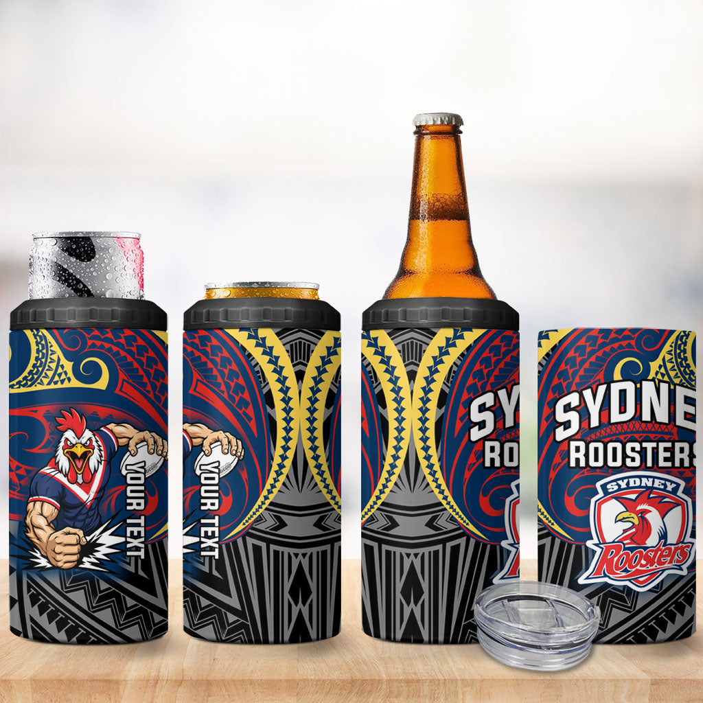 Custom Sydney Roosters 4 in 1 Can Cooler Tumbler Roosters Warrior Polynesia Islander Rugby Mascot
