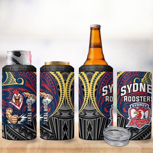 Custom Sydney Roosters 4 in 1 Can Cooler Tumbler Roosters Warrior Polynesia Islander Rugby Mascot