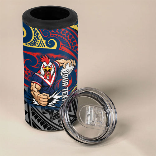 Custom Sydney Roosters 4 in 1 Can Cooler Tumbler Roosters Warrior Polynesia Islander Rugby Mascot
