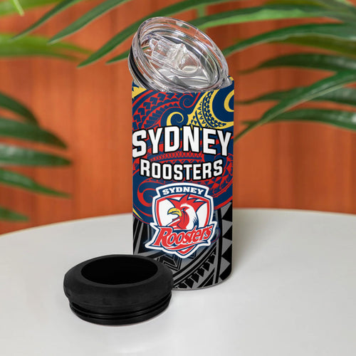 Custom Sydney Roosters 4 in 1 Can Cooler Tumbler Roosters Warrior Polynesia Islander Rugby Mascot