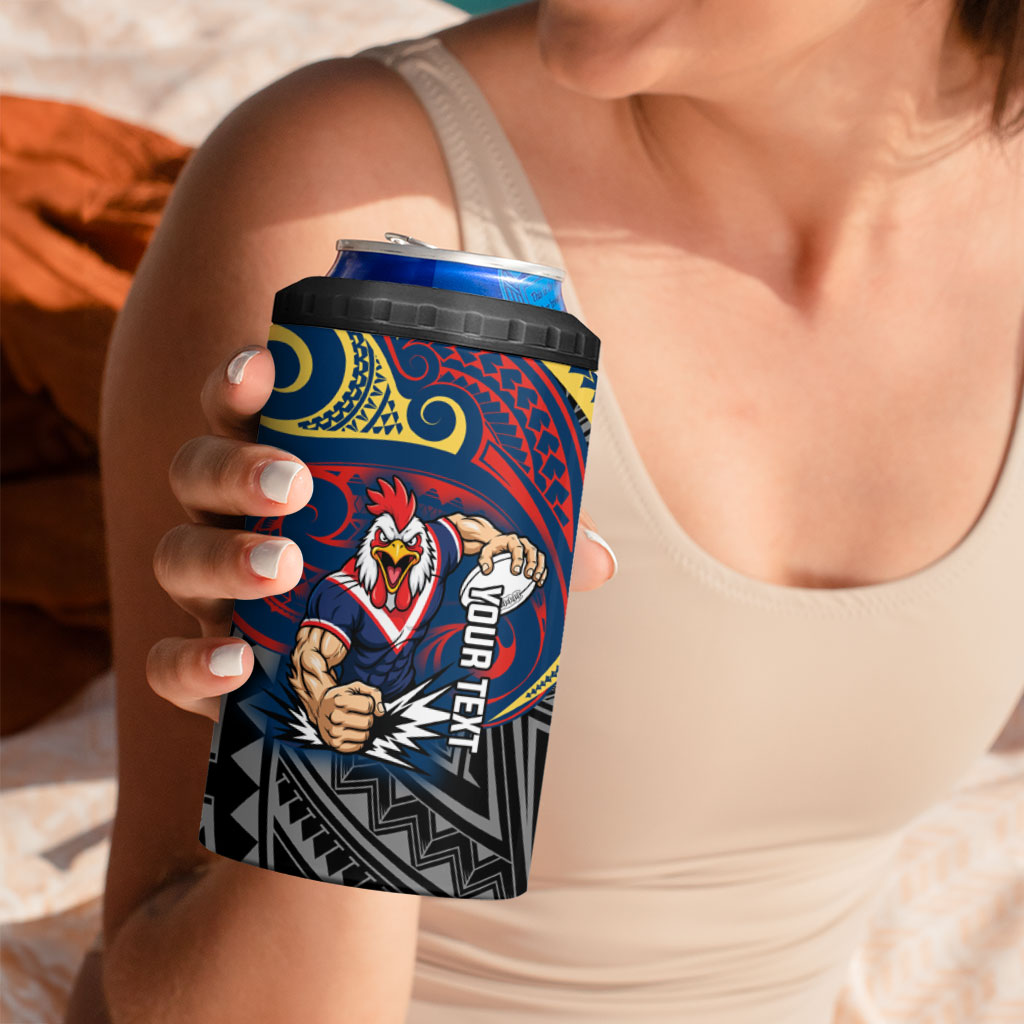 Custom Sydney Roosters 4 in 1 Can Cooler Tumbler Roosters Warrior Polynesia Islander Rugby Mascot