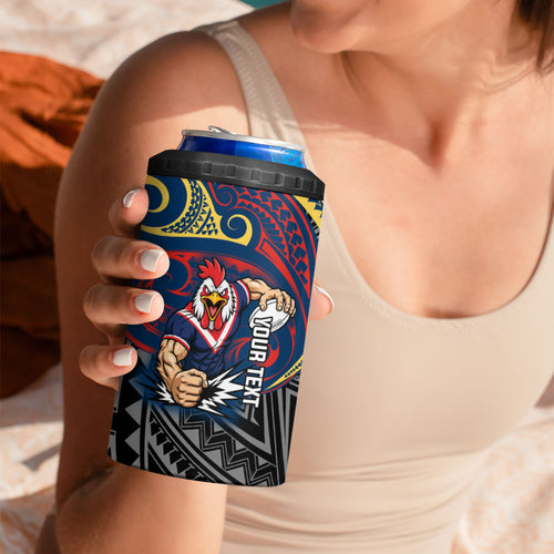 Custom Sydney Roosters 4 in 1 Can Cooler Tumbler Roosters Warrior Polynesia Islander Rugby Mascot
