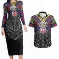 Custom Sydney Roosters Couples Matching Long Sleeve Bodycon Dress and Hawaiian Shirt Roosters Warrior Polynesia Islander Rugby Mascot
