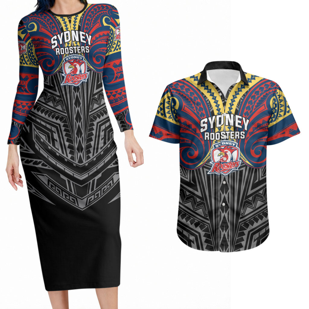 Custom Sydney Roosters Couples Matching Long Sleeve Bodycon Dress and Hawaiian Shirt Roosters Warrior Polynesia Islander Rugby Mascot
