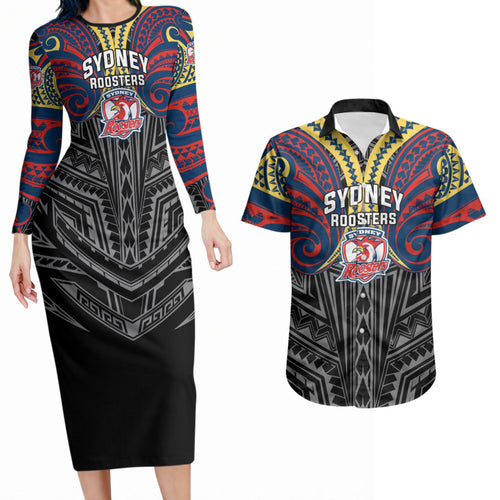 Custom Sydney Roosters Couples Matching Long Sleeve Bodycon Dress and Hawaiian Shirt Roosters Warrior Polynesia Islander Rugby Mascot