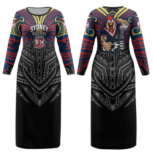 Custom Sydney Roosters Couples Matching Long Sleeve Bodycon Dress and Hawaiian Shirt Roosters Warrior Polynesia Islander Rugby Mascot