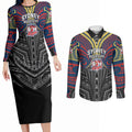 Custom Sydney Roosters Couples Matching Long Sleeve Bodycon Dress and Long Sleeve Button Shirt Roosters Warrior Polynesia Islander Rugby Mascot