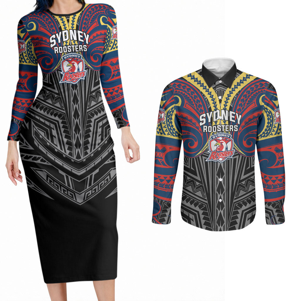 Custom Sydney Roosters Couples Matching Long Sleeve Bodycon Dress and Long Sleeve Button Shirt Roosters Warrior Polynesia Islander Rugby Mascot