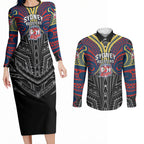 Custom Sydney Roosters Couples Matching Long Sleeve Bodycon Dress and Long Sleeve Button Shirt Roosters Warrior Polynesia Islander Rugby Mascot