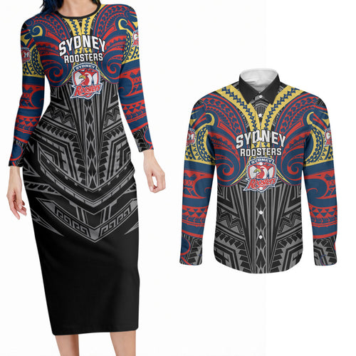Custom Sydney Roosters Couples Matching Long Sleeve Bodycon Dress and Long Sleeve Button Shirt Roosters Warrior Polynesia Islander Rugby Mascot