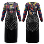 Custom Sydney Roosters Couples Matching Long Sleeve Bodycon Dress and Long Sleeve Button Shirt Roosters Warrior Polynesia Islander Rugby Mascot