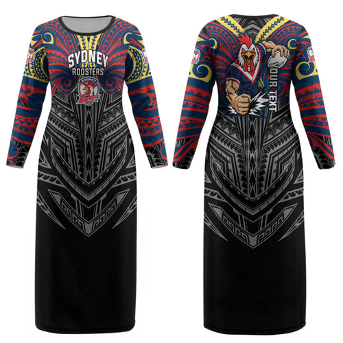 Custom Sydney Roosters Couples Matching Long Sleeve Bodycon Dress and Long Sleeve Button Shirt Roosters Warrior Polynesia Islander Rugby Mascot