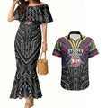 Custom Sydney Roosters Couples Matching Mermaid Dress and Hawaiian Shirt Roosters Warrior Polynesia Islander Rugby Mascot
