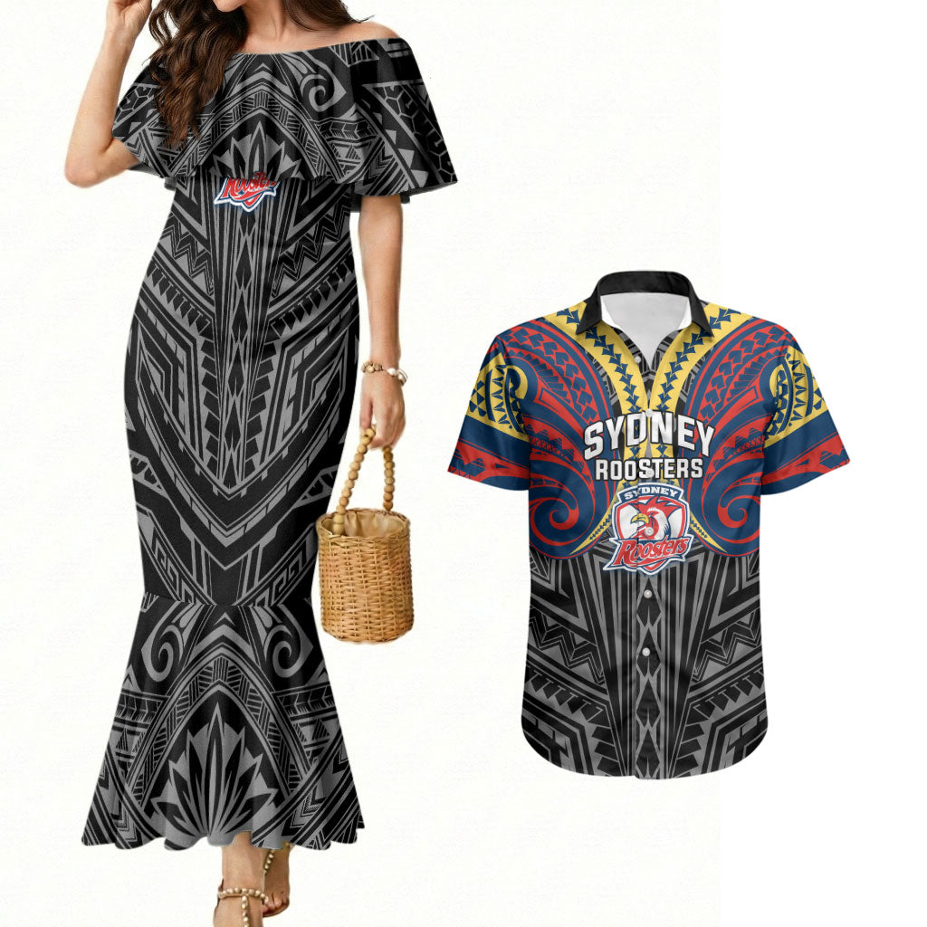 Custom Sydney Roosters Couples Matching Mermaid Dress and Hawaiian Shirt Roosters Warrior Polynesia Islander Rugby Mascot