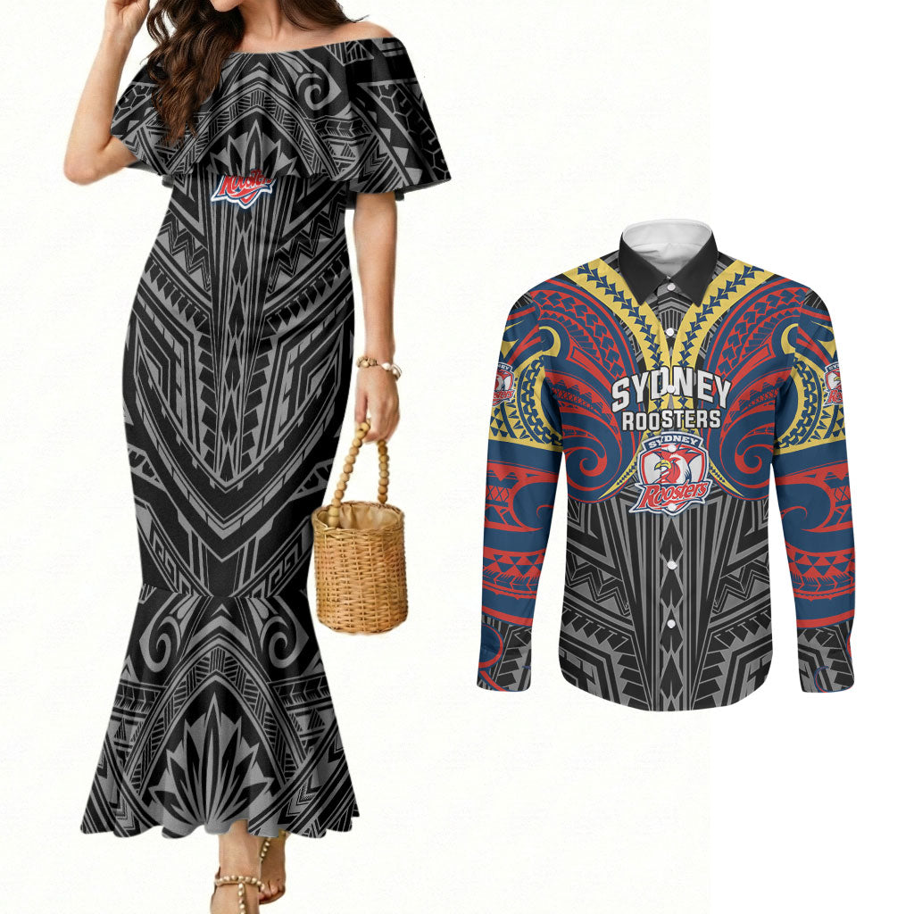 Custom Sydney Roosters Couples Matching Mermaid Dress and Long Sleeve Button Shirt Roosters Warrior Polynesia Islander Rugby Mascot