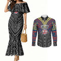 Custom Sydney Roosters Couples Matching Mermaid Dress and Long Sleeve Button Shirt Roosters Warrior Polynesia Islander Rugby Mascot