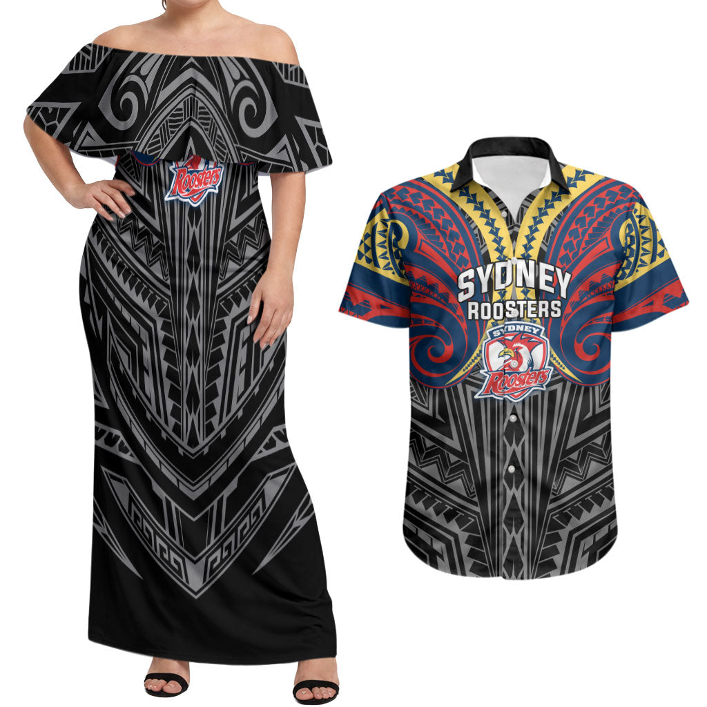 Custom Sydney Roosters Couples Matching Off Shoulder Maxi Dress and Hawaiian Shirt Roosters Warrior Polynesia Islander Rugby Mascot