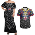 Custom Sydney Roosters Couples Matching Off Shoulder Maxi Dress and Hawaiian Shirt Roosters Warrior Polynesia Islander Rugby Mascot