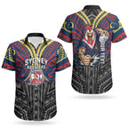 Custom Sydney Roosters Couples Matching Off Shoulder Maxi Dress and Hawaiian Shirt Roosters Warrior Polynesia Islander Rugby Mascot