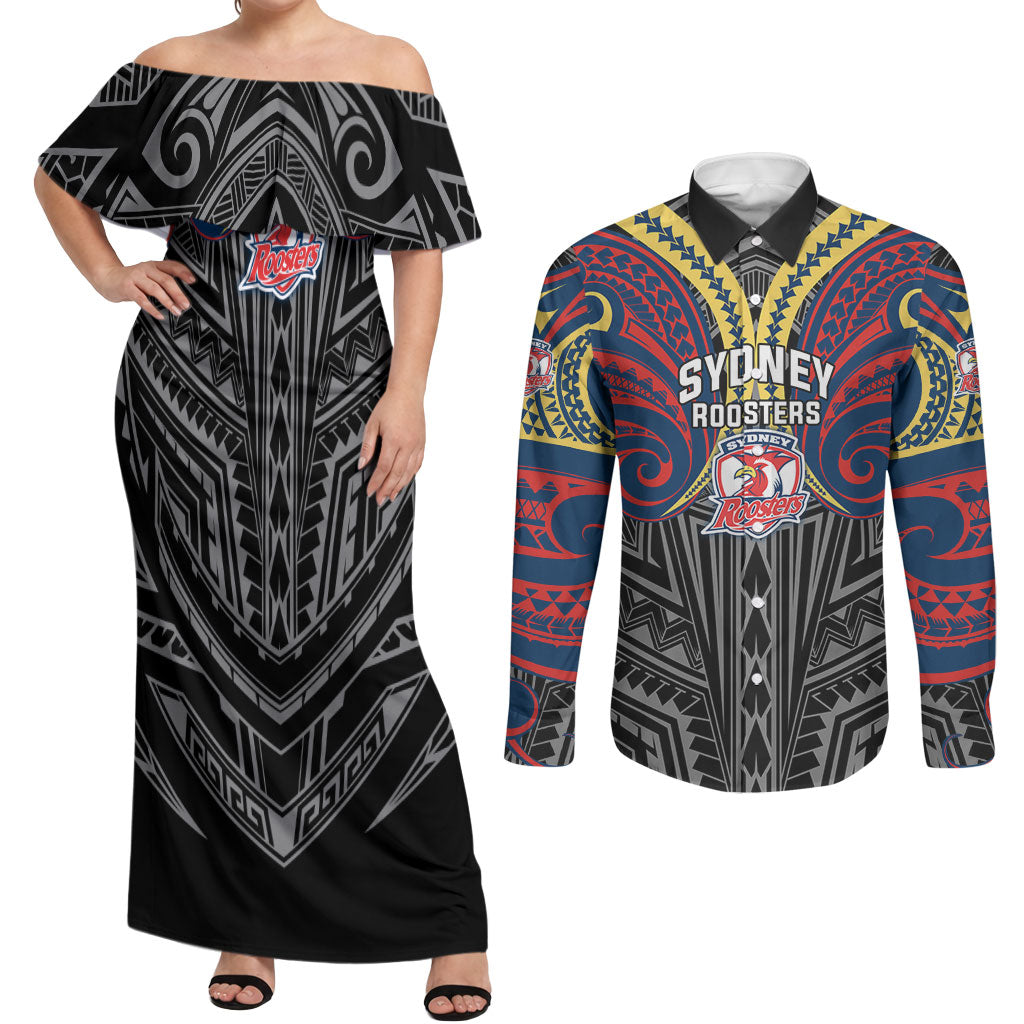 Custom Sydney Roosters Couples Matching Off Shoulder Maxi Dress and Long Sleeve Button Shirt Roosters Warrior Polynesia Islander Rugby Mascot