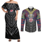 Custom Sydney Roosters Couples Matching Off Shoulder Maxi Dress and Long Sleeve Button Shirt Roosters Warrior Polynesia Islander Rugby Mascot