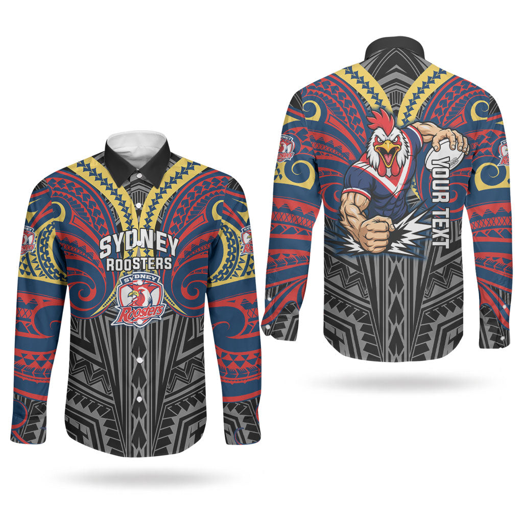 Custom Sydney Roosters Couples Matching Off Shoulder Maxi Dress and Long Sleeve Button Shirt Roosters Warrior Polynesia Islander Rugby Mascot