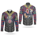 Custom Sydney Roosters Couples Matching Off Shoulder Maxi Dress and Long Sleeve Button Shirt Roosters Warrior Polynesia Islander Rugby Mascot