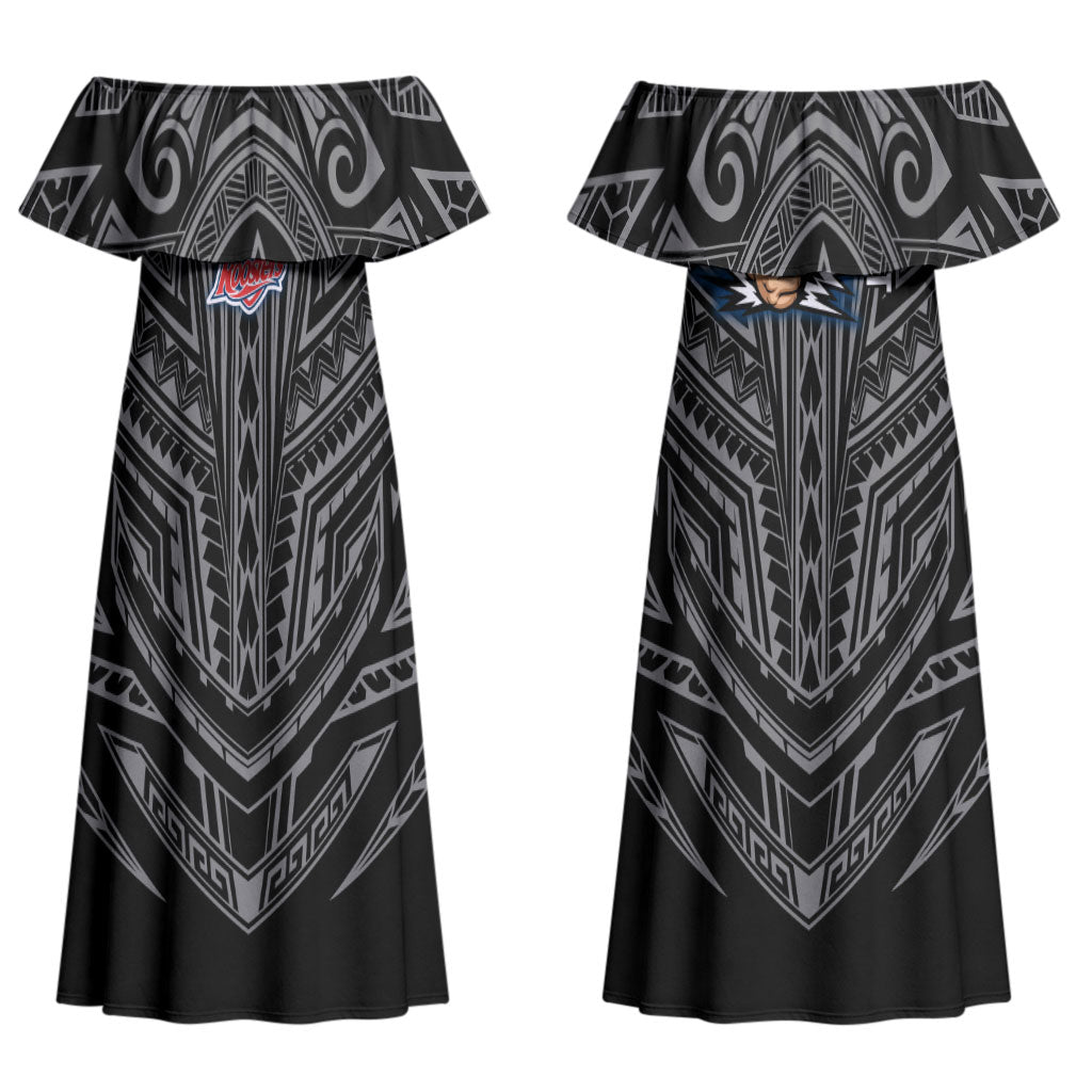 Custom Sydney Roosters Couples Matching Off Shoulder Maxi Dress and Long Sleeve Button Shirt Roosters Warrior Polynesia Islander Rugby Mascot
