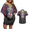 Custom Sydney Roosters Couples Matching Off Shoulder Short Dress and Hawaiian Shirt Roosters Warrior Polynesia Islander Rugby Mascot