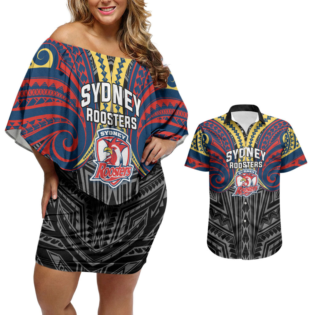 Custom Sydney Roosters Couples Matching Off Shoulder Short Dress and Hawaiian Shirt Roosters Warrior Polynesia Islander Rugby Mascot