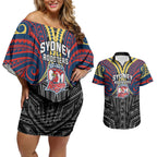 Custom Sydney Roosters Couples Matching Off Shoulder Short Dress and Hawaiian Shirt Roosters Warrior Polynesia Islander Rugby Mascot