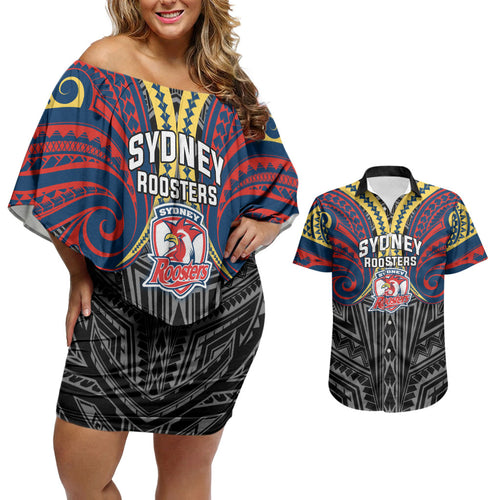 Custom Sydney Roosters Couples Matching Off Shoulder Short Dress and Hawaiian Shirt Roosters Warrior Polynesia Islander Rugby Mascot