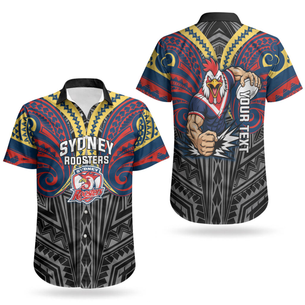 Custom Sydney Roosters Couples Matching Off Shoulder Short Dress and Hawaiian Shirt Roosters Warrior Polynesia Islander Rugby Mascot