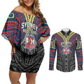 Custom Sydney Roosters Couples Matching Off Shoulder Short Dress and Long Sleeve Button Shirt Roosters Warrior Polynesia Islander Rugby Mascot