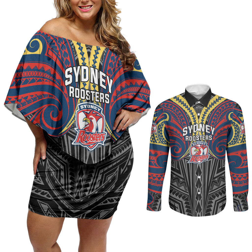 Custom Sydney Roosters Couples Matching Off Shoulder Short Dress and Long Sleeve Button Shirt Roosters Warrior Polynesia Islander Rugby Mascot