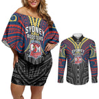 Custom Sydney Roosters Couples Matching Off Shoulder Short Dress and Long Sleeve Button Shirt Roosters Warrior Polynesia Islander Rugby Mascot