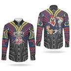 Custom Sydney Roosters Couples Matching Off Shoulder Short Dress and Long Sleeve Button Shirt Roosters Warrior Polynesia Islander Rugby Mascot