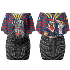 Custom Sydney Roosters Couples Matching Off Shoulder Short Dress and Long Sleeve Button Shirt Roosters Warrior Polynesia Islander Rugby Mascot